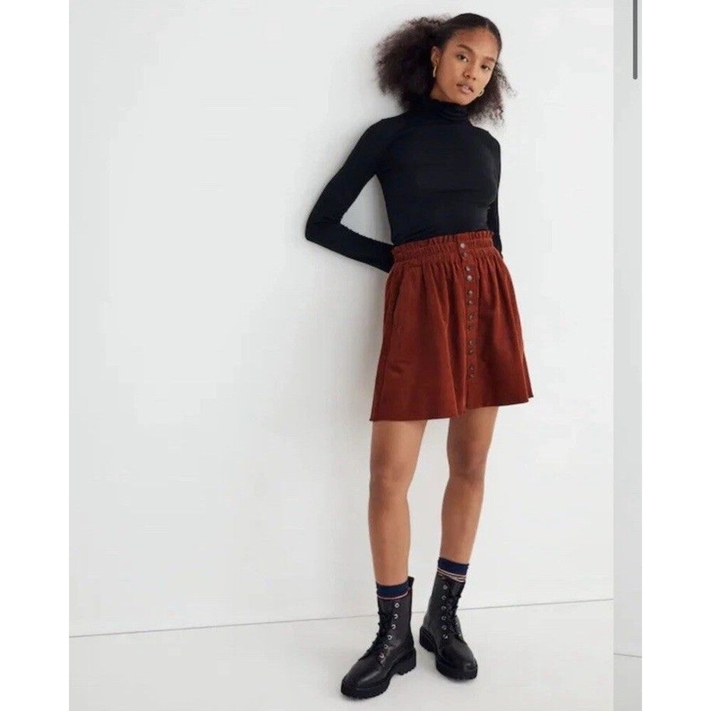 Madewell Brown Corduroy Paperbag Button-Front Mini Skirt Dusty Redwood Sz S